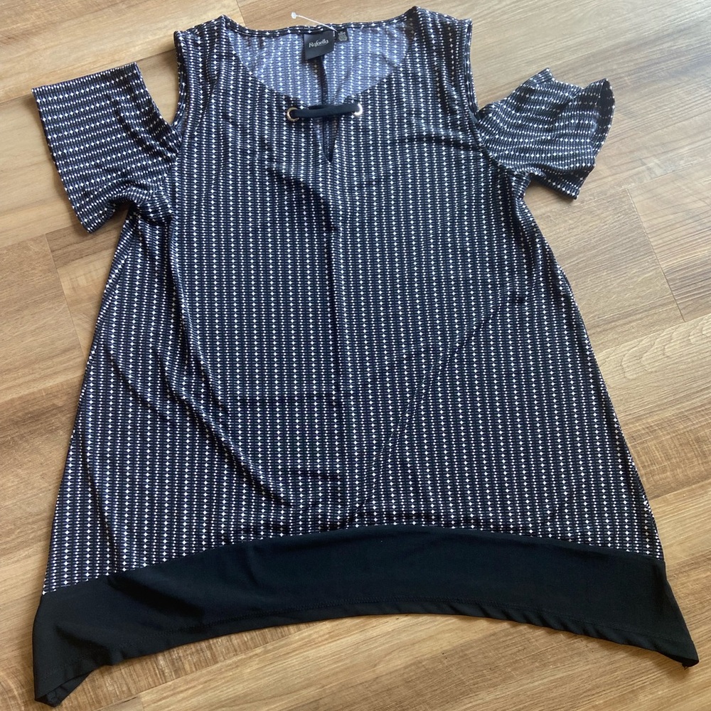 Black and white open shoulder blouse